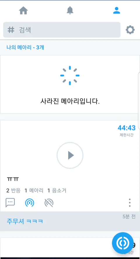 A MeAri feed showing an expired post that reads 'this echo has disappeared,' with a countdown timer on the next post.