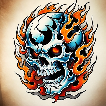 AI-generated horned devil head tattoo on a red circle.