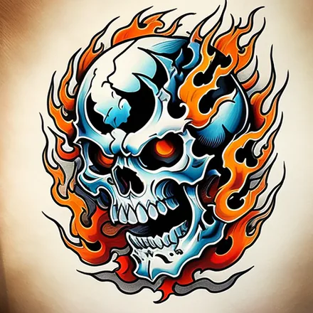 AI-generated horned devil head tattoo on a red circle.