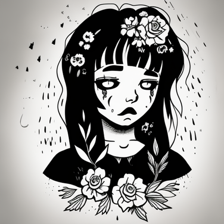 AI-generated blackwork tattoo of a girl with flowers.