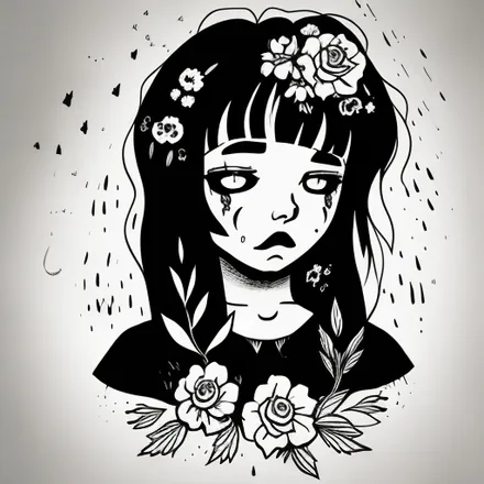 AI-generated blackwork tattoo of a girl with flowers.