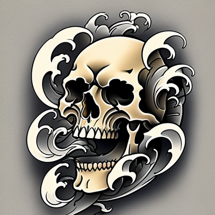 AI-generated skull-and-smoke tattoo in greywork.