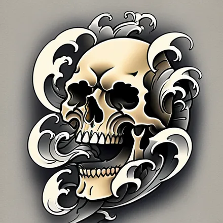 AI-generated skull-and-smoke tattoo in greywork.