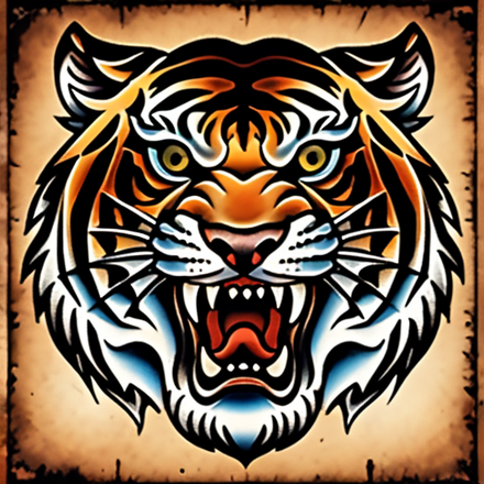 AI-generated roaring tiger tattoo in bold traditional color.