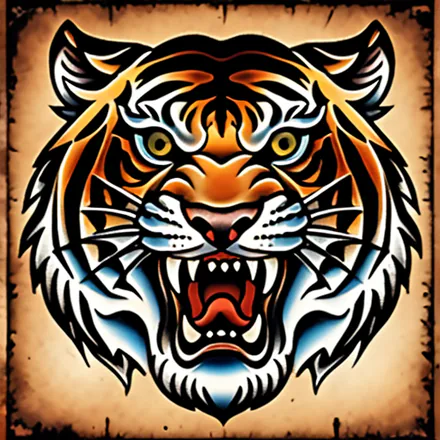 AI-generated roaring tiger tattoo in bold traditional color.