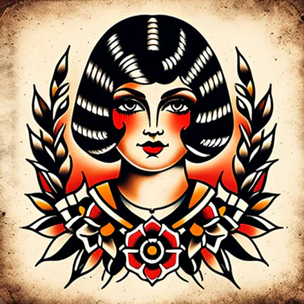 AI-generated traditional woman's-head tattoo framed by laurel and a rose.
