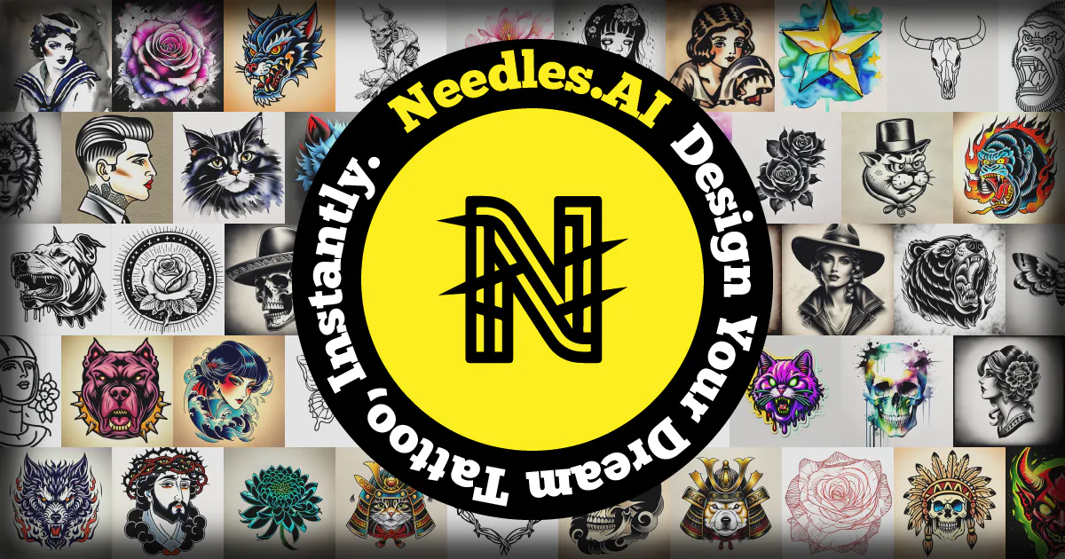 Needles.AI promo art: the needle-N logo over a grid of AI-generated tattoo flash, with the tagline 'Design your tattoo instantly.'