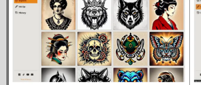 The Needles.AI home page: a gallery wall of AI-generated tattoo designs arranged like a flash sheet.