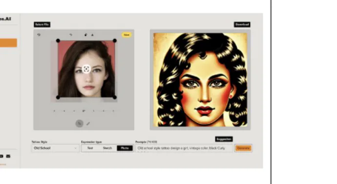 Needles.AI photo-to-image screen: an uploaded portrait restyled as a tattoo design.