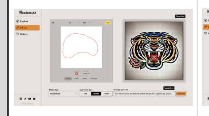Needles.AI sketch-to-image screen: a rough canvas drawing turned into clean tattoo line work.
