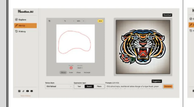 Needles.AI sketch-to-image screen: a rough canvas drawing turned into clean tattoo line work.