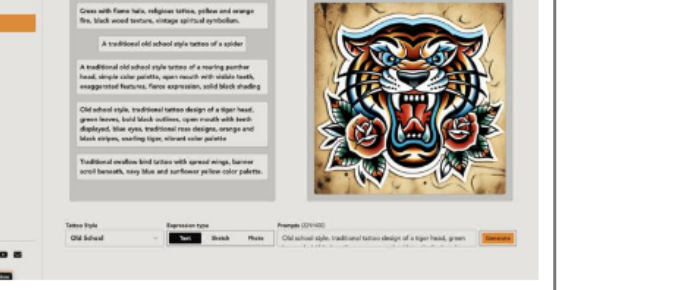 Needles.AI text-to-image screen: a prompt field and style controls generating a tiger tattoo.