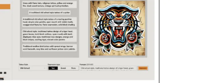 Needles.AI text-to-image screen: a prompt field and style controls generating a tiger tattoo.