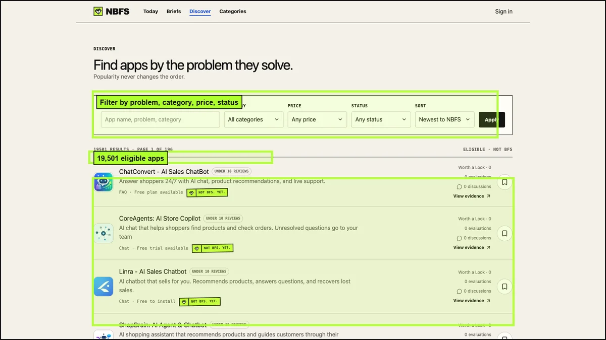 NBFS Discover page with filters for problem, category, price, status, and a list of eligible Not BFS apps.