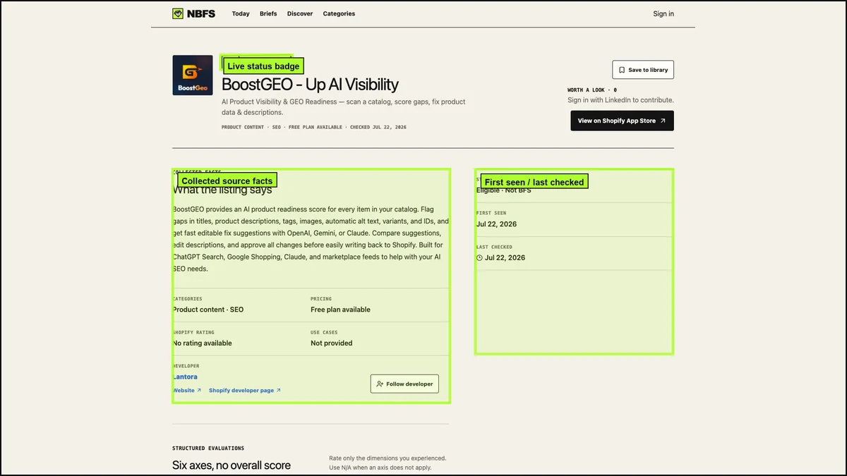 NBFS app evidence page showing source facts, live status badge, first seen date, and last checked date for BoostGEO.