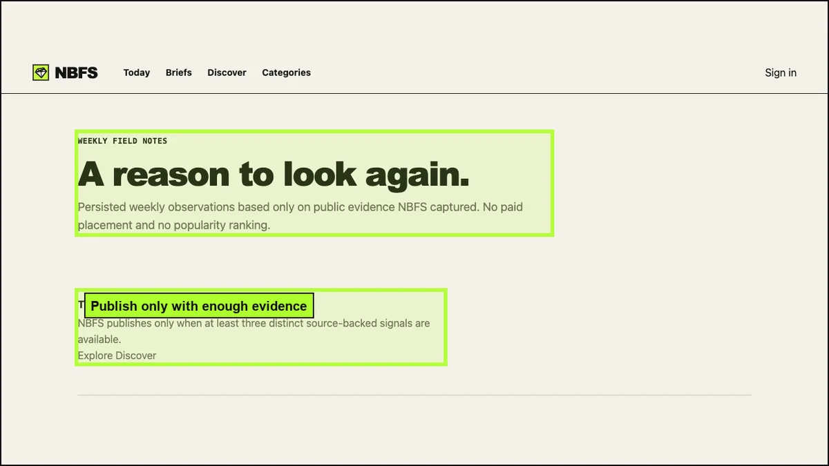 NBFS Field Notes page saying a reason to look again and that notes publish only with enough evidence.