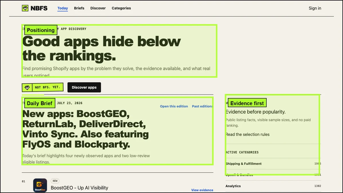 NBFS homepage showing Good apps hide below the rankings, a daily brief, and evidence-first discovery panels.