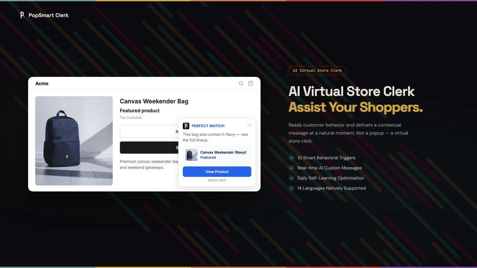 PopSmart Clerk on the Shopify App Store: an AI virtual store clerk that reads customer behavior and recommends in context, beside a storefront with a 'perfect match' message.