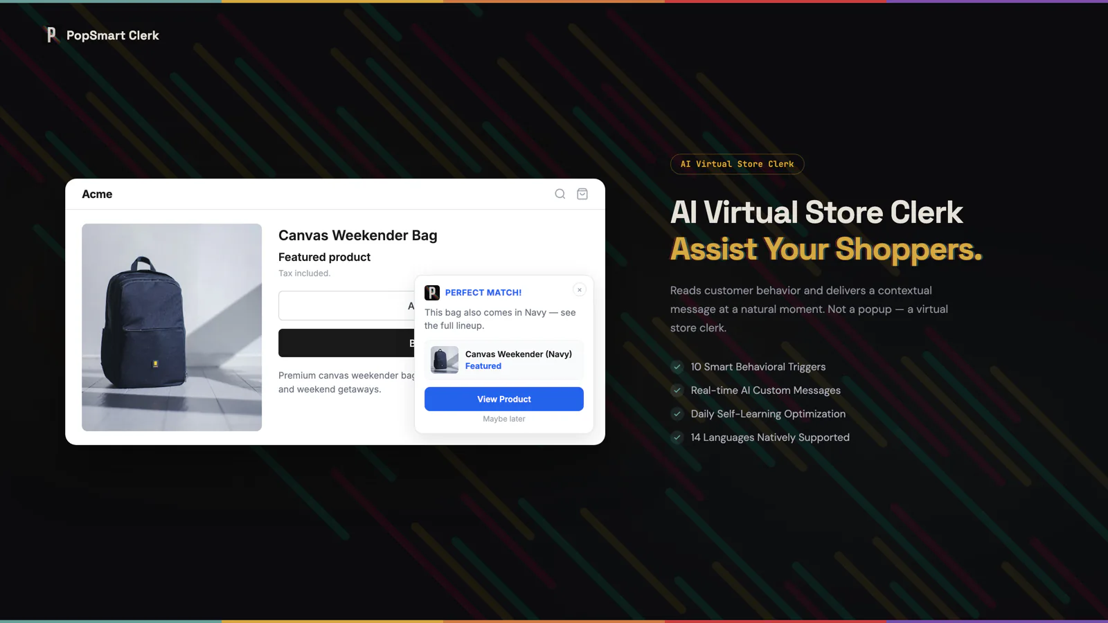 PopSmart Clerk: 'AI virtual store clerk — assist your shoppers,' beside a storefront with a real-time product-match message.