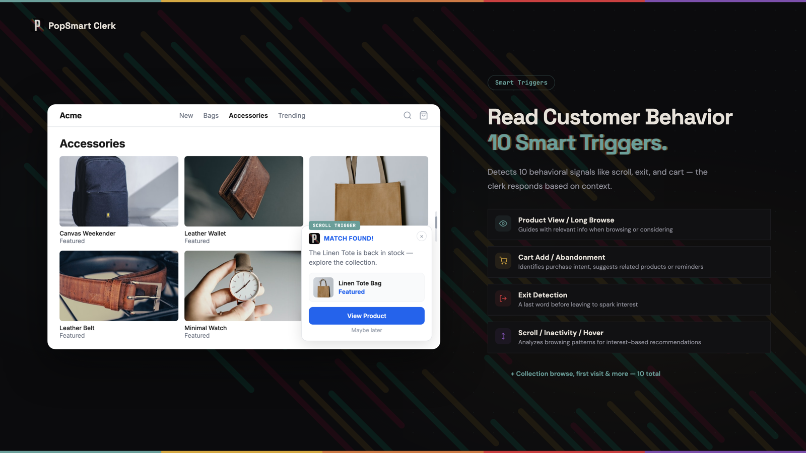 PopSmart Clerk's ten smart triggers — product view, long browse, cart add, cart abandon, exit intent, and more — each with the behavior it detects.