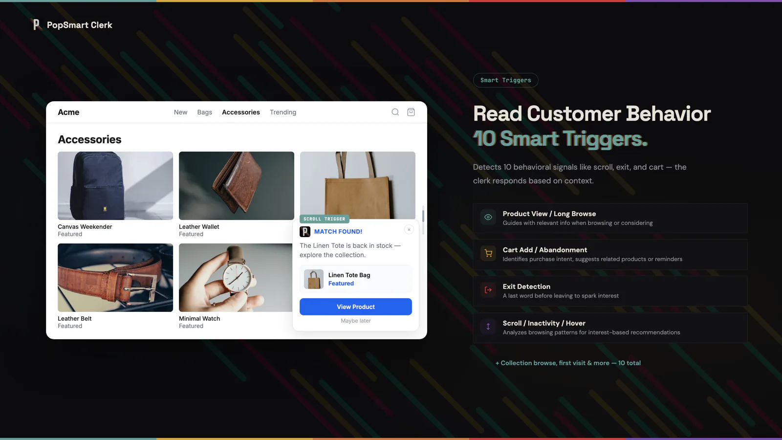 PopSmart Clerk's ten smart triggers — product view, long browse, cart add, cart abandon, exit intent, and more — each with the behavior it detects.