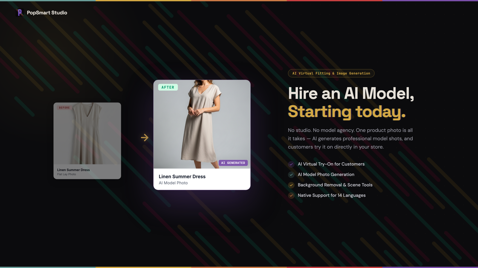 PopSmart Studio: 'Hire an AI model, starting today,' showing a flat dress turned into an on-model photo.