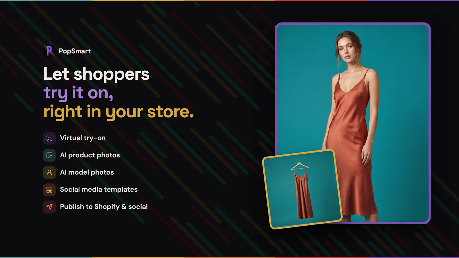 PopSmart AI Virtual Try On showing a flat dress transformed into an on-model product photo.