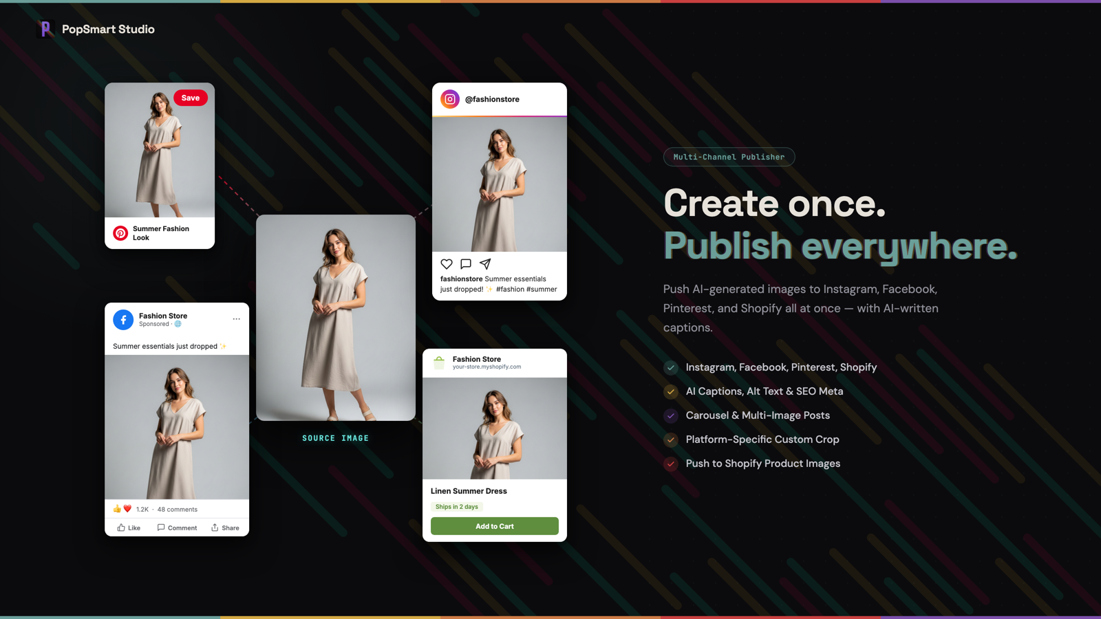 PopSmart Studio publishing one generated dress image as Instagram, Facebook, and Pinterest posts and pushing it to Shopify.