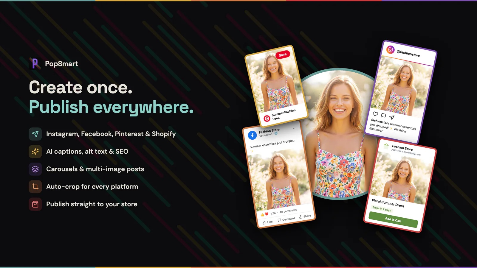 One PopSmart fashion image adapted for Shopify, Instagram, Facebook, and Pinterest publishing.