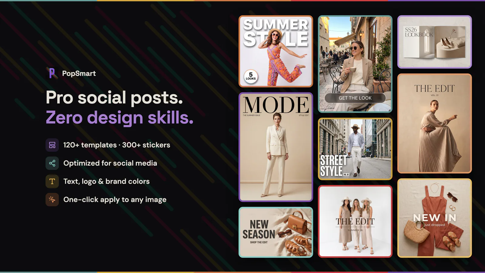 PopSmart social media templates showing fashion lookbooks, product announcements, street-style posts, and seasonal campaign layouts.