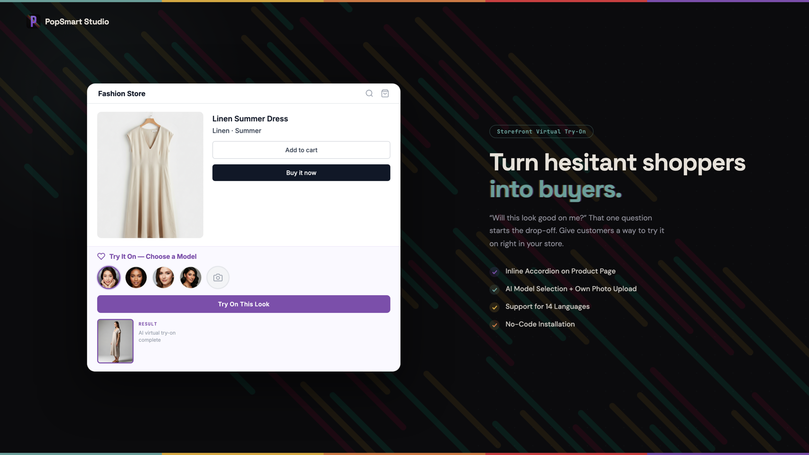 The PopSmart Studio try-on widget inline on a product page, letting a shopper choose an AI model or upload their own photo to see a dress on.