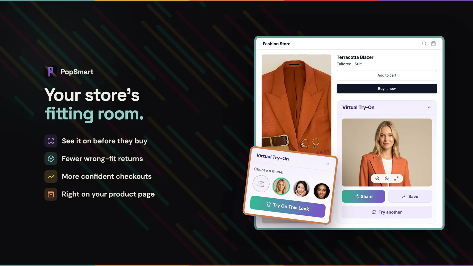 Shopify product page for a terracotta blazer with the PopSmart Virtual Try-On block, model choices, and a generated try-on result.