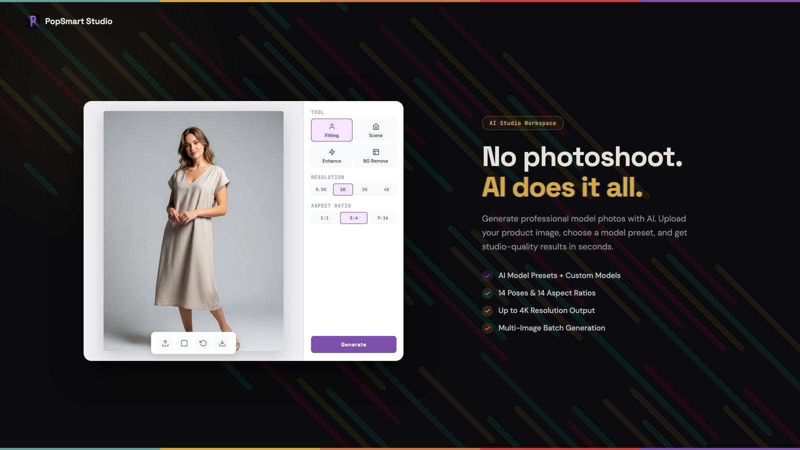 The PopSmart Studio workspace: a product on an AI model with controls for pose, aspect ratio, resolution up to 4K, and a generate button.