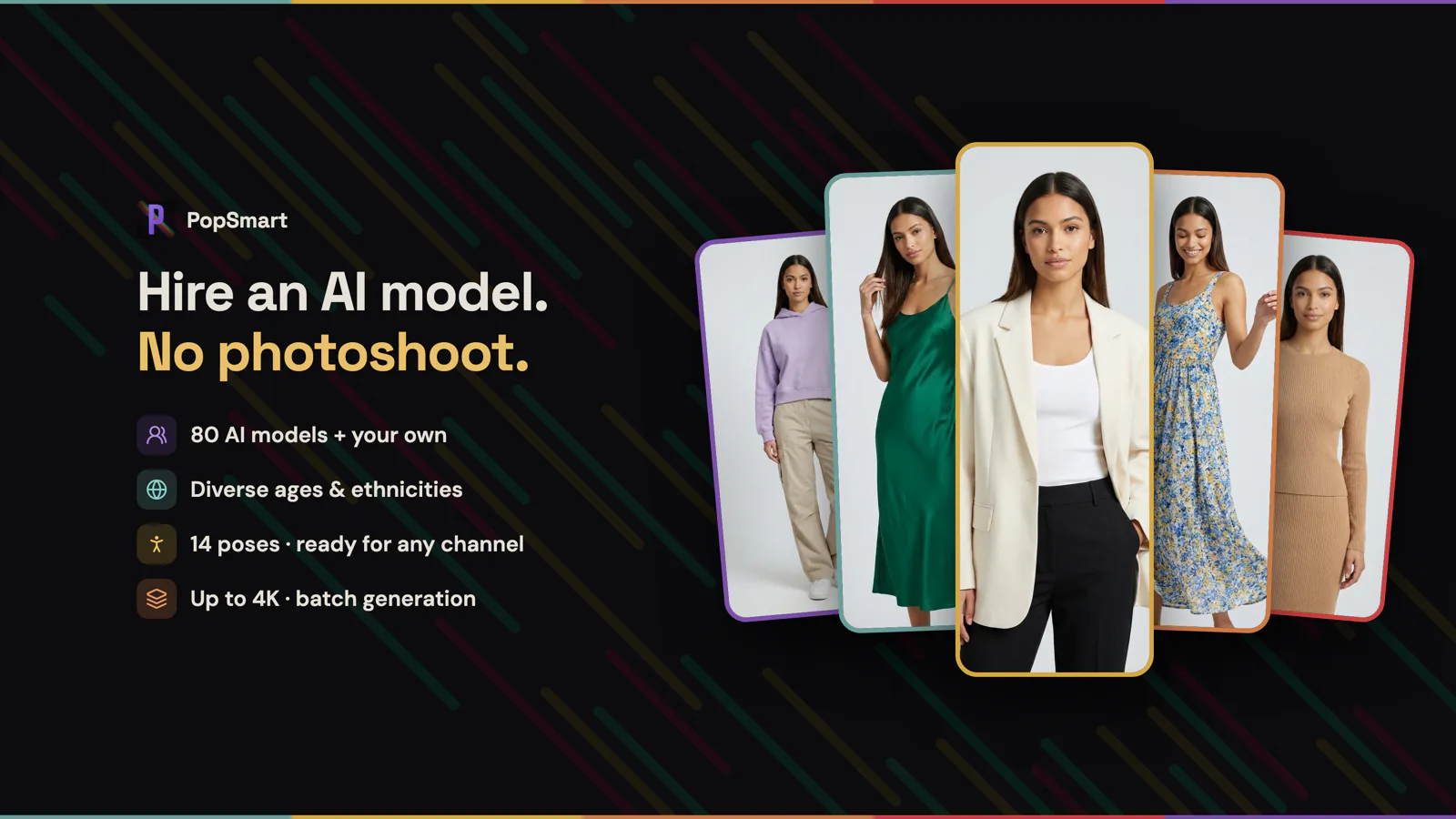 PopSmart AI model photography feature showing five models in different outfits, with 80 AI models, 14 poses, and generation up to 4K.