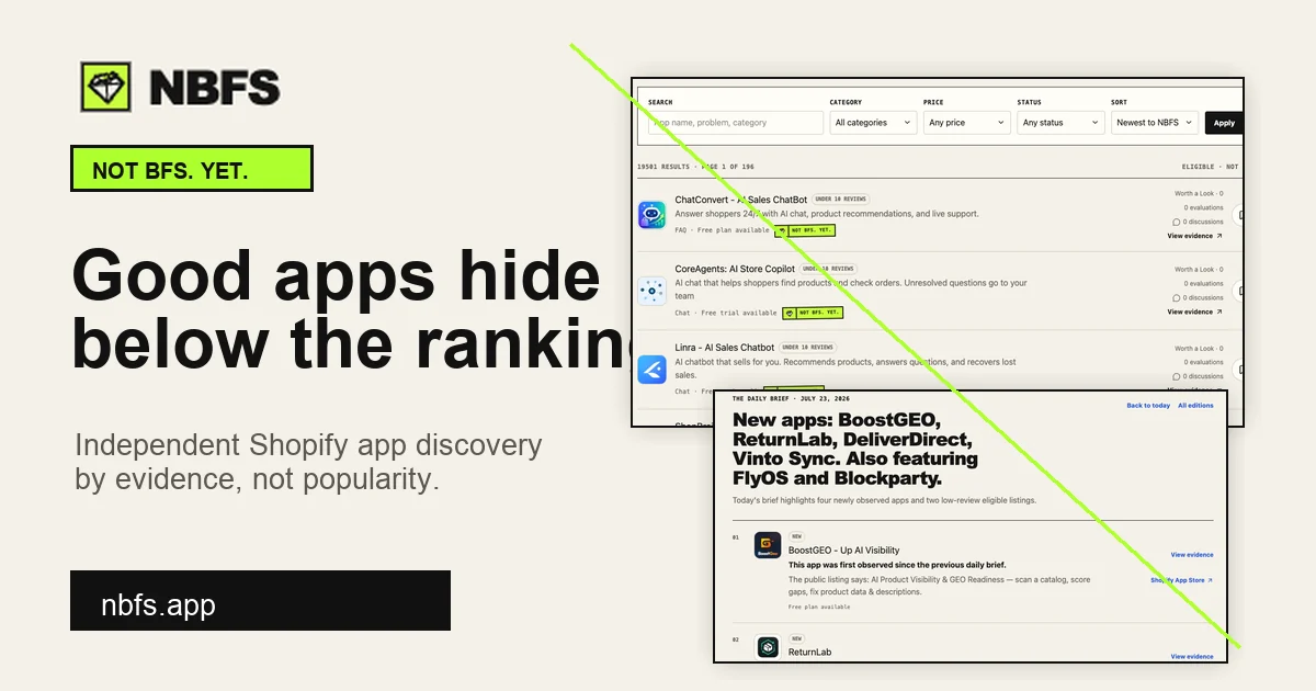 NBFS launch card showing the line Good apps hide below the rankings and cropped product screens.